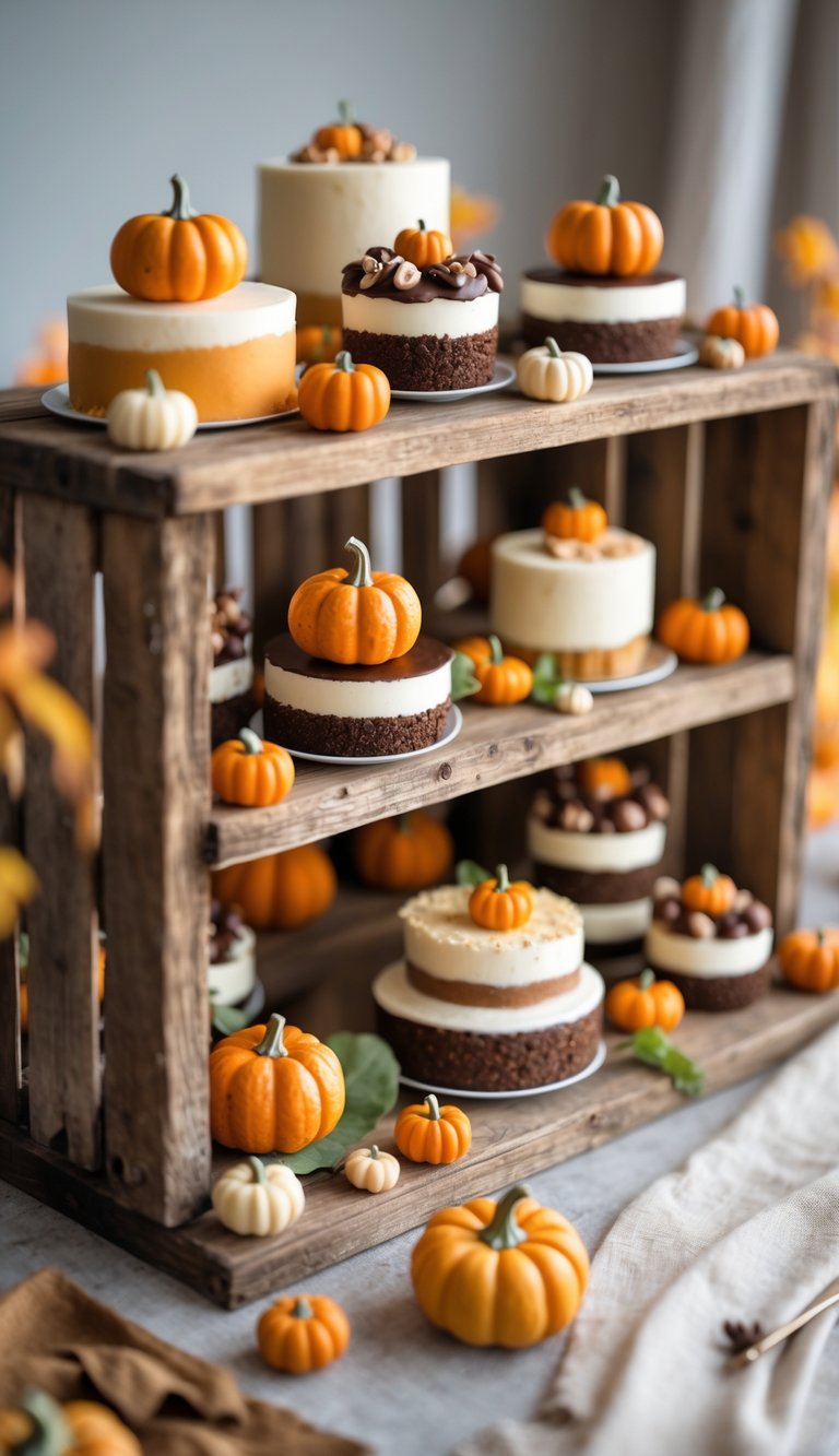 A rustic wooden crate filled with desserts decorated with small pumpkins, arranged for a baby shower.